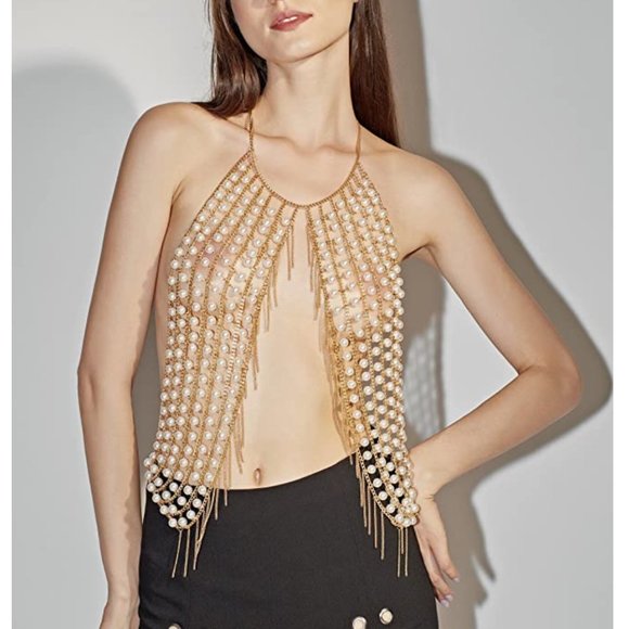 Gold Faux Pearl Chain Tassel Body Jewelry Rave Halter Crop Top - Picture 4 of 10